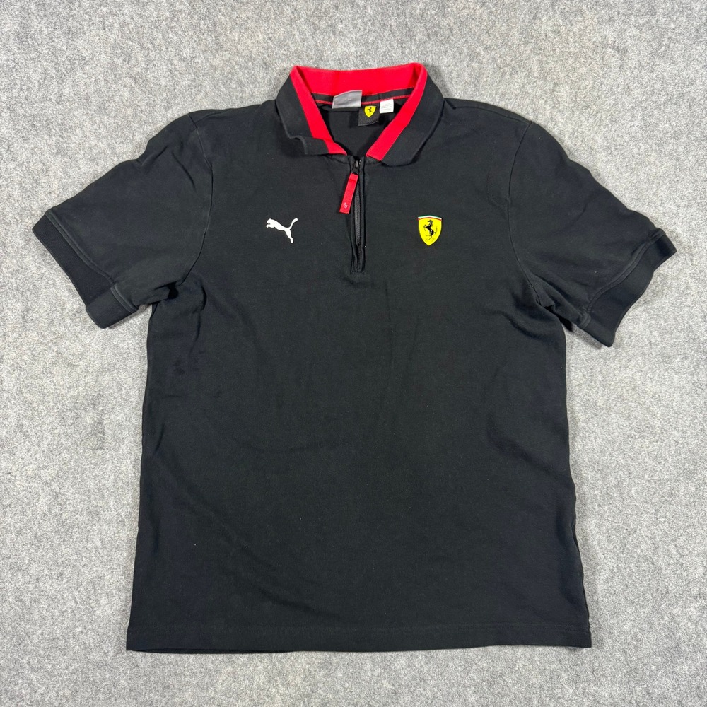 Puma Polo Shirt Mens Large Black Ferrari Scuderia Quarter Zip Short Sleeve Sport